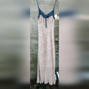 Newport News Baby Doll Long Sexy Cream Blue Floral Poke A Dot Dress